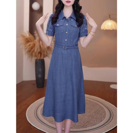 气质POLO领牛仔短袖连衣裙女夏季新款刺绣收腰显瘦裙子 服裝批發女裝批發服飾貨源