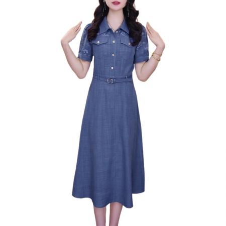 BY25236# 气质POLO领牛仔短袖连衣裙女夏季新款刺绣收腰显瘦裙子 服裝批發女裝批發服飾貨源