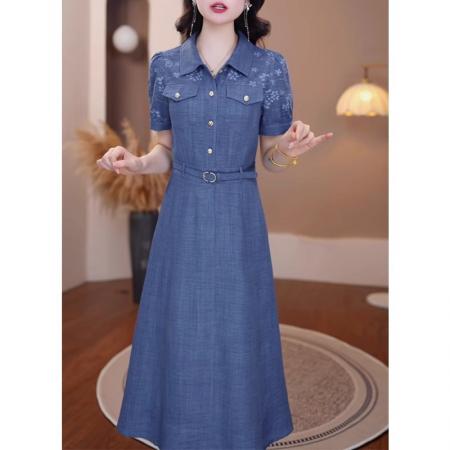 BY25236# 气质POLO领牛仔短袖连衣裙女夏季新款刺绣收腰显瘦裙子 服裝批發女裝批發服飾貨源