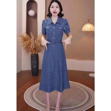 BY25236# 气质POLO领牛仔短袖连衣裙女夏季新款刺绣收腰显瘦裙子 服裝批發女裝批發服飾貨源