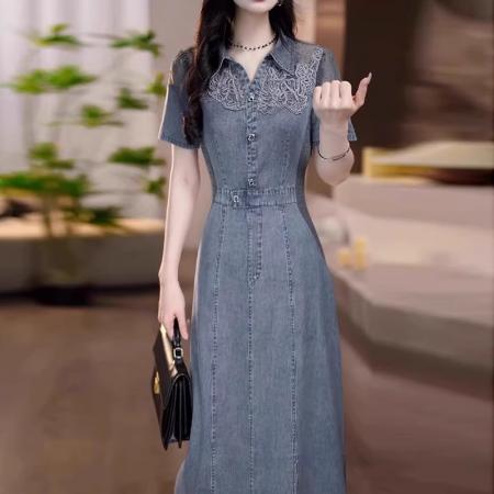 高级感时尚POLO领短袖连衣裙女夏季新款刺绣拼接牛仔裙子 服裝批發女裝批發服飾貨源