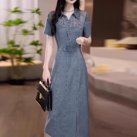 BY25237# 高级感时尚POLO领短袖连衣裙女夏季新款刺绣拼接牛仔裙子 服裝批發女裝批發服飾貨源