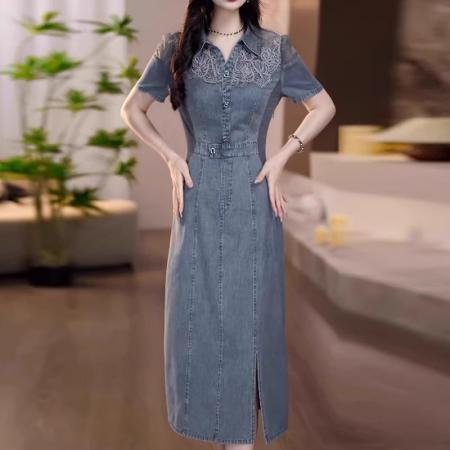 BY25237# 高级感时尚POLO领短袖连衣裙女夏季新款刺绣拼接牛仔裙子 服裝批發女裝批發服飾貨源