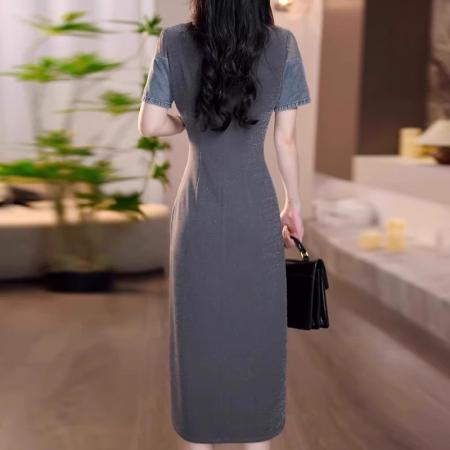 BY25237# 高级感时尚POLO领短袖连衣裙女夏季新款刺绣拼接牛仔裙子 服裝批發女裝批發服飾貨源