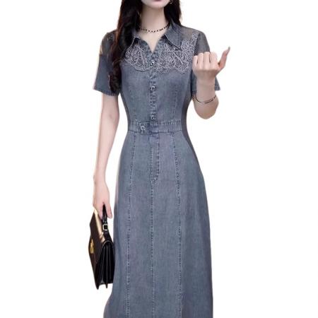 BY25237# 高级感时尚POLO领短袖连衣裙女夏季新款刺绣拼接牛仔裙子 服裝批發女裝批發服飾貨源
