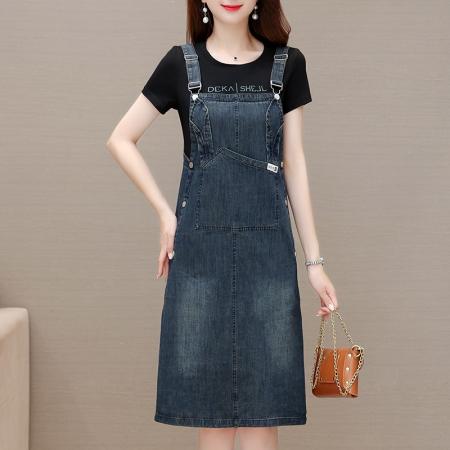 假两件连衣裙女夏季新款时尚拼接显瘦大码牛仔背带裙短袖 服裝批發女裝批發服飾貨源