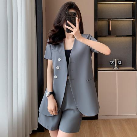 BY25240# 白色无领短袖西装外套女夏季薄款新款小个子职业装小西服套装 服裝批發女裝批發服飾貨源