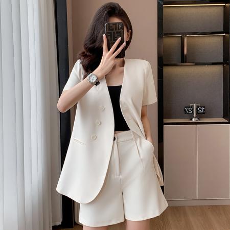 BY25240# 白色无领短袖西装外套女夏季薄款新款小个子职业装小西服套装 服裝批發女裝批發服飾貨源