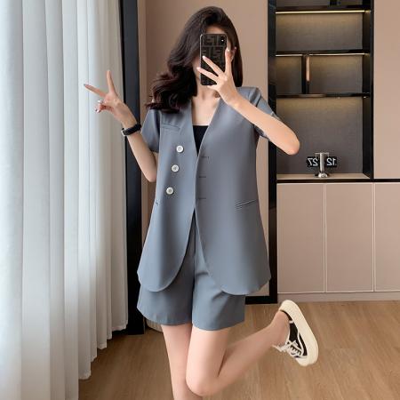 BY25240# 白色无领短袖西装外套女夏季薄款新款小个子职业装小西服套装 服裝批發女裝批發服飾貨源