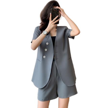 BY25240# 白色无领短袖西装外套女夏季薄款新款小个子职业装小西服套装 服裝批發女裝批發服飾貨源