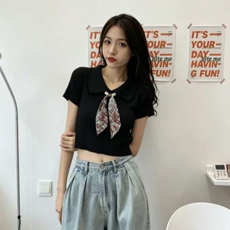 BY25260# 浪漫复古印花系带翻领娃娃领学院风polo短袖  服裝批發女裝批發服飾貨源