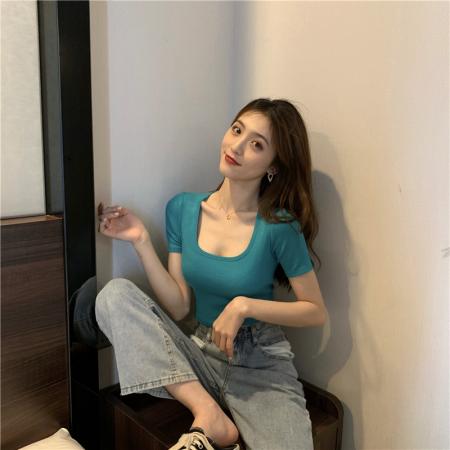 BY25261# 夏季新款修身U领螺纹打底衫短袖显瘦上衣纯色短款T恤  服裝批發女裝批發服飾貨源
