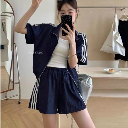 BY25265# 韩版女装夏款美式运动服套装休闲短袖外套高腰短裤两件套女  服裝批發女裝批發服飾貨源