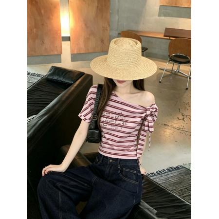 BY25267# 美式辣妹粉色条纹不规则斜肩短袖T恤女夏季修身显瘦百搭独特上衣  服裝批發女裝批發服飾貨源