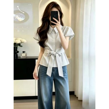 小众翻领条纹短袖衬衫夏设计感收腰显瘦绑带上衣  服裝批發女裝批發服飾貨源