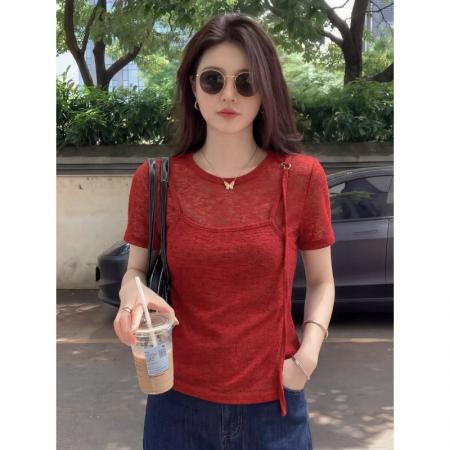 BY25269# 莱雅随心裁大码正肩短袖T恤女夏新款洋气小衫假两件上衣  服裝批發女裝批發服飾貨源