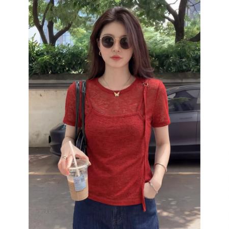 BY25269# 莱雅随心裁大码正肩短袖T恤女夏新款洋气小衫假两件上衣  服裝批發女裝批發服飾貨源