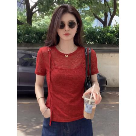 BY25269# 莱雅随心裁大码正肩短袖T恤女夏新款洋气小衫假两件上衣  服裝批發女裝批發服飾貨源