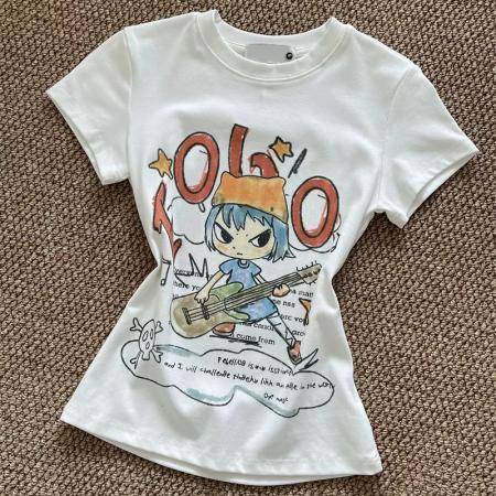 BY25273# 韩国新款纯棉-正肩短袖T恤女印花  服裝批發女裝批發服飾貨源