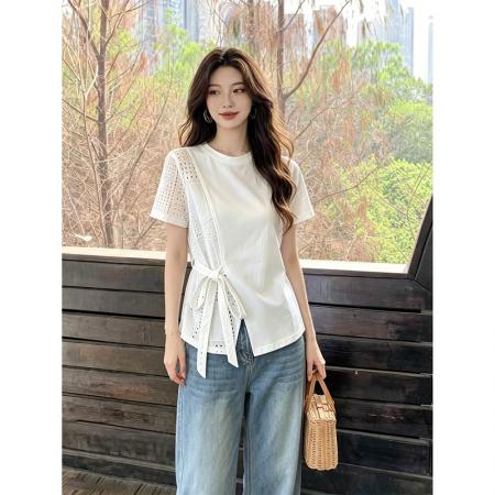 BY25277# 纯棉拉架食毛大码镂空拼接圆领短袖女新夏季上衣  服裝批發女裝批發服飾貨源