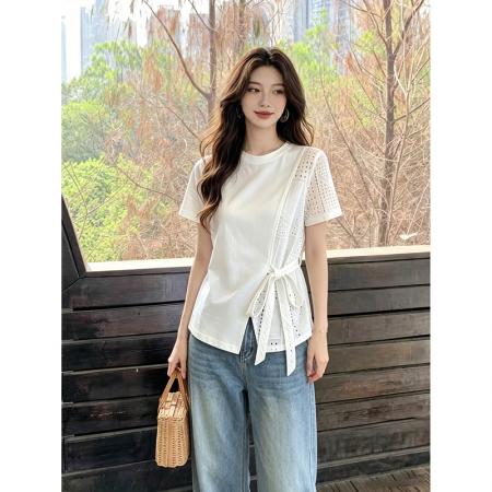 BY25277# 纯棉拉架食毛大码镂空拼接圆领短袖女新夏季上衣  服裝批發女裝批發服飾貨源