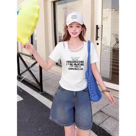 BY25279# 螺纹酷丝棉螺纹大码纯欲辣妹镂空短袖t恤女夏季新款上衣  服裝批發女裝批發服飾貨源