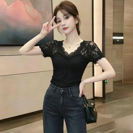 BY25280# 人棉大码时尚拼接蕾丝V领短袖女夏新款修身显瘦上衣  服裝批發女裝批發服飾貨源