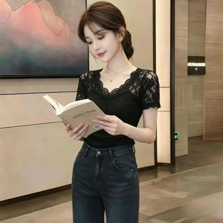 BY25280# 人棉大码时尚拼接蕾丝V领短袖女夏新款修身显瘦上衣  服裝批發女裝批發服飾貨源