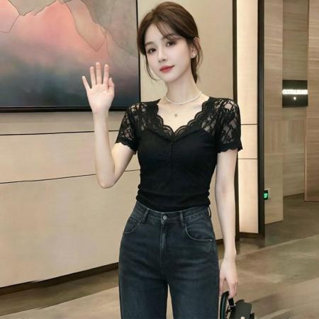 BY25280# 人棉大码时尚拼接蕾丝V领短袖女夏新款修身显瘦上衣  服裝批發女裝批發服飾貨源