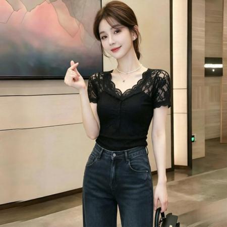 BY25280# 人棉大码时尚拼接蕾丝V领短袖女夏新款修身显瘦上衣  服裝批發女裝批發服飾貨源