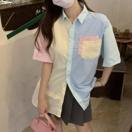 设计感小众马卡龙撞色短袖衬衫女夏季宽松韩系慵懒风工装半袖上衣  服裝批發女裝批發服飾貨源
