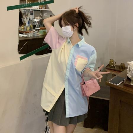 BY25286# 设计感小众马卡龙撞色短袖衬衫女夏季宽松韩系慵懒风工装半袖上衣  服裝批發女裝批發服飾貨源