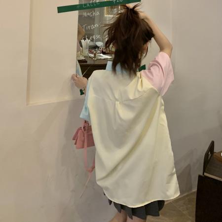 BY25286# 设计感小众马卡龙撞色短袖衬衫女夏季宽松韩系慵懒风工装半袖上衣  服裝批發女裝批發服飾貨源