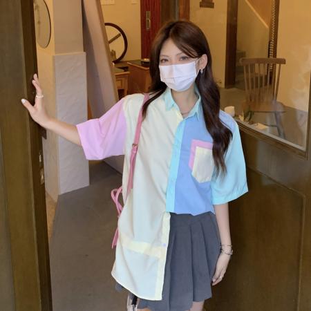 BY25286# 设计感小众马卡龙撞色短袖衬衫女夏季宽松韩系慵懒风工装半袖上衣  服裝批發女裝批發服飾貨源