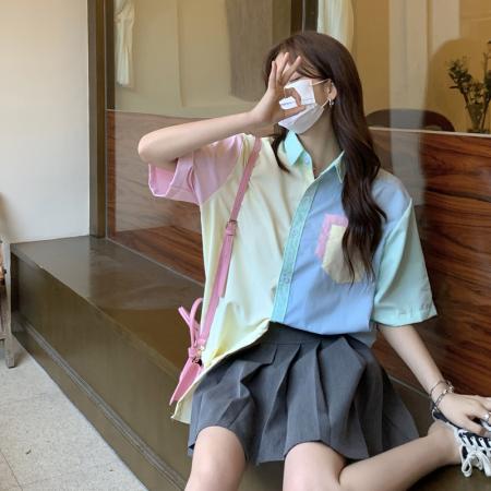 BY25286# 设计感小众马卡龙撞色短袖衬衫女夏季宽松韩系慵懒风工装半袖上衣  服裝批發女裝批發服飾貨源