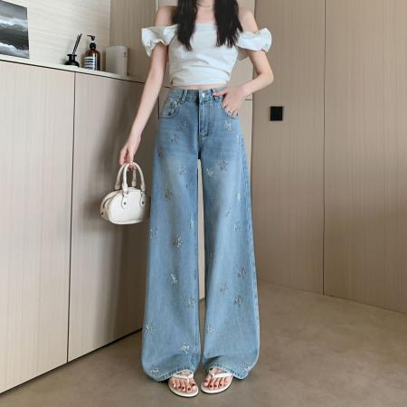 美式复古水洗星星烫钻牛仔裤女新...