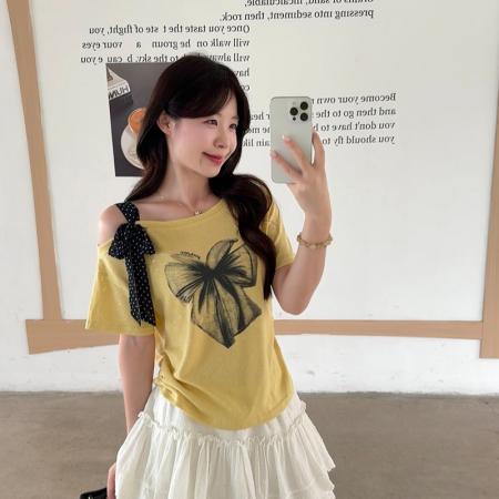 BY25298# 夏装新款大码显瘦时尚亮闪重工蝴蝶结印花上衣减龄T恤  服裝批發女裝批發服飾貨源