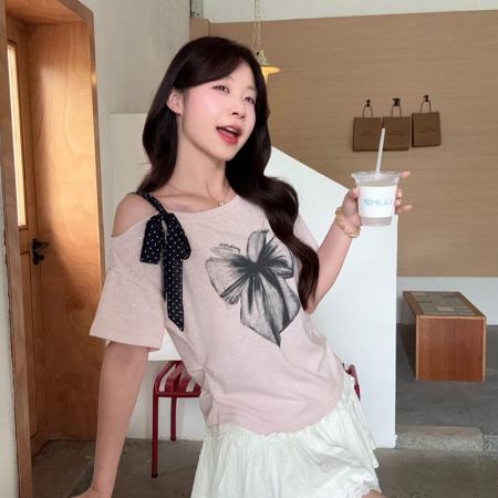 BY25298# 夏装新款大码显瘦时尚亮闪重工蝴蝶结印花上衣减龄T恤  服裝批發女裝批發服飾貨源