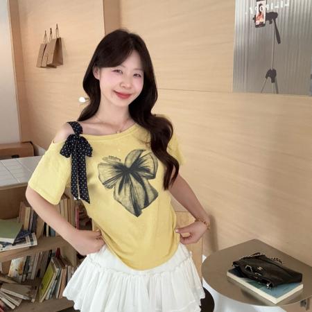 BY25298# 夏装新款大码显瘦时尚亮闪重工蝴蝶结印花上衣减龄T恤  服裝批發女裝批發服飾貨源