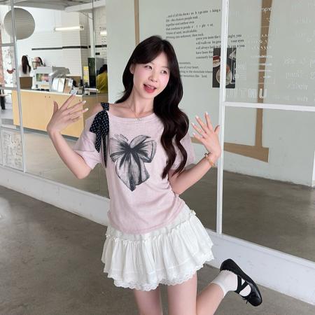 BY25298# 夏装新款大码显瘦时尚亮闪重工蝴蝶结印花上衣减龄T恤  服裝批發女裝批發服飾貨源