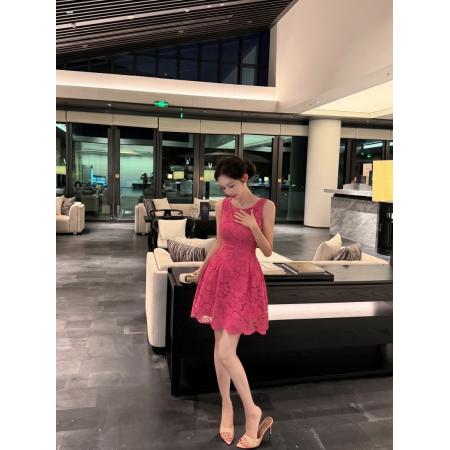 BY25299# 法式性感风无袖蕾丝提花连衣裙女夏气质镂空修身短裙  服裝批發女裝批發服飾貨源