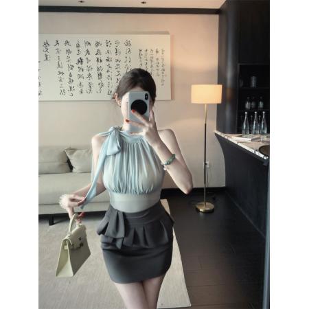 BY25305# 青灰序飘带蝴蝶结挂脖上衣女高腰职场风半裙夏季两件套  服裝批發女裝批發服飾貨源