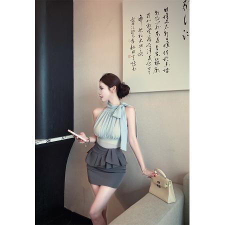 BY25305# 青灰序飘带蝴蝶结挂脖上衣女高腰职场风半裙夏季两件套  服裝批發女裝批發服飾貨源