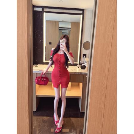 BY25308# 千金樱桃纯欲风性感辣妹一字肩针织连衣裙夏季包臀短裙  服裝批發女裝批發服飾貨源