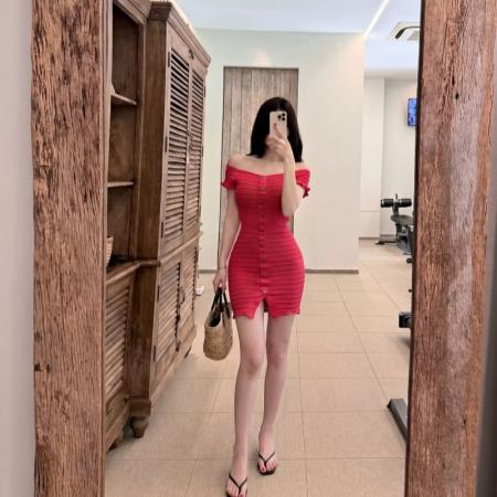 BY25308# 千金樱桃纯欲风性感辣妹一字肩针织连衣裙夏季包臀短裙  服裝批發女裝批發服飾貨源