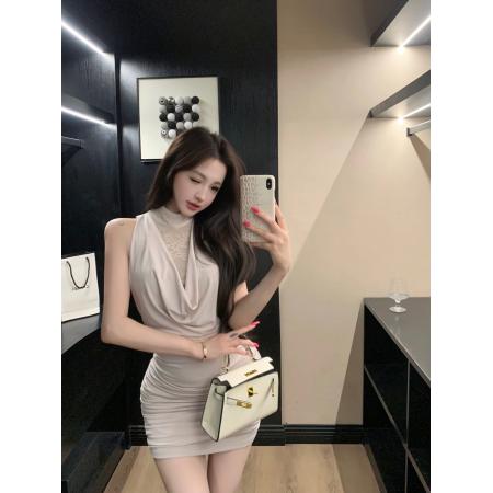 BY25309# 依顿美神纯欲挂脖荡领蕾丝拼接收腰无袖连衣裙  服裝批發女裝批發服飾貨源
