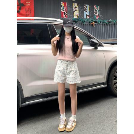 BY25317# 大码女装可爱kt猫刺绣短裤蝴蝶结碎花夏季百搭宽松牛仔热裤  服裝批發女裝批發服飾貨源