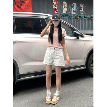 BY25317# 大码女装可爱kt猫刺绣短裤蝴蝶结碎花夏季百搭宽松牛仔热裤  服裝批發女裝批發服飾貨源