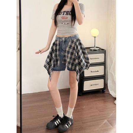 BY25325# 格子拼接屁帘牛仔短裤女夏季新款大码胖mm设计感美式直筒裤子  服裝批發女裝批發服飾貨源
