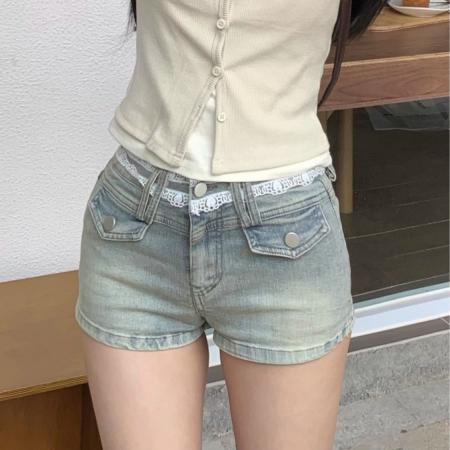 BY25326# 法式蕾丝花边牛仔短裤女夏季新款低腰紧身性感包臀热裤子ins  服裝批發女裝批發服飾貨源